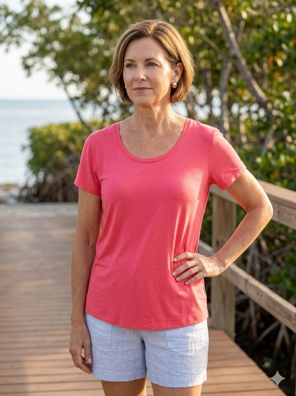 RipSkirt Hawaii Short Sleeve Scoop Neck Tee Top Coral Pink Red Modal Blend M/ L